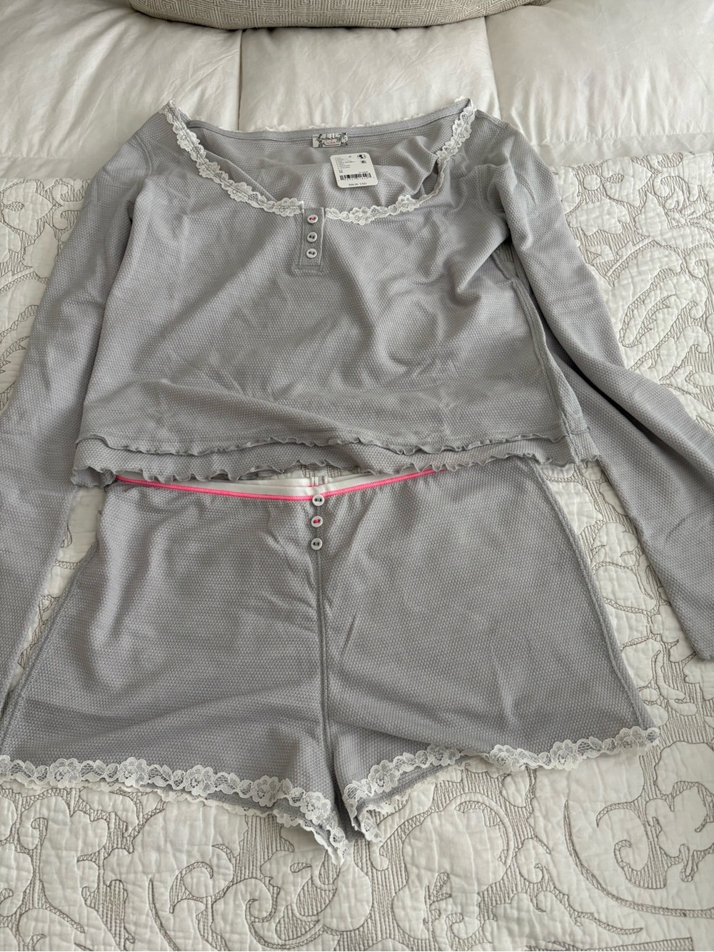 Free People Grey Lace-Trim Long Sleeve Pajama Set with Pink Detail